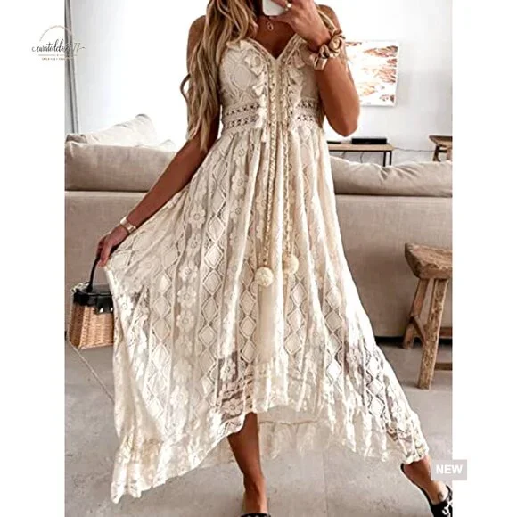 Sleeveless Lace Maxi Dress with Tassel Details, Adjustable Straps, Smocked Back - Picture 2 of 7